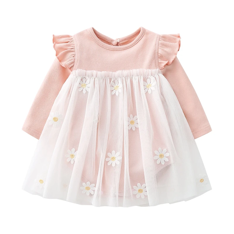 MyKids-USA Baby Girls Floral Lace Patchwork Design Ruffle Long-Sleeved Dress bodysuit In Spring & Autumn
