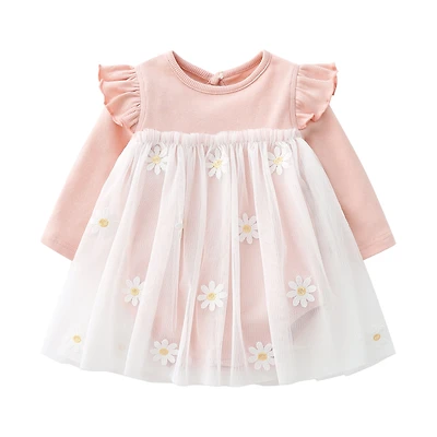 MyKids-USA Baby Girls Floral Lace Patchwork Design Ruffle Long-Sleeved Dress bodysuit In Spring & Autumn