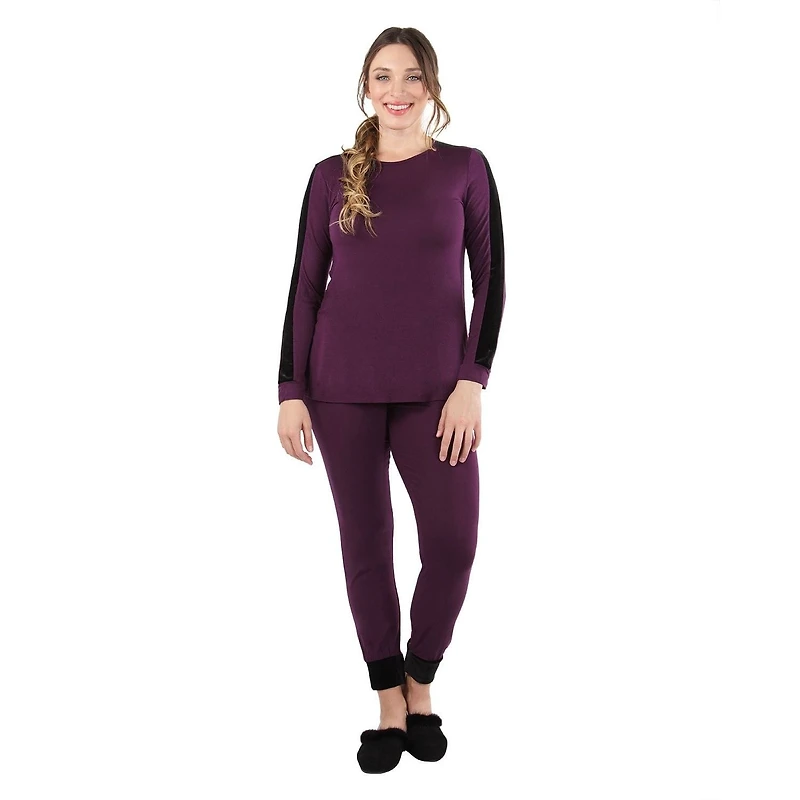 MeMoi Women's Velvet Racing Stripe Trim Long Sleeve Pajama Set