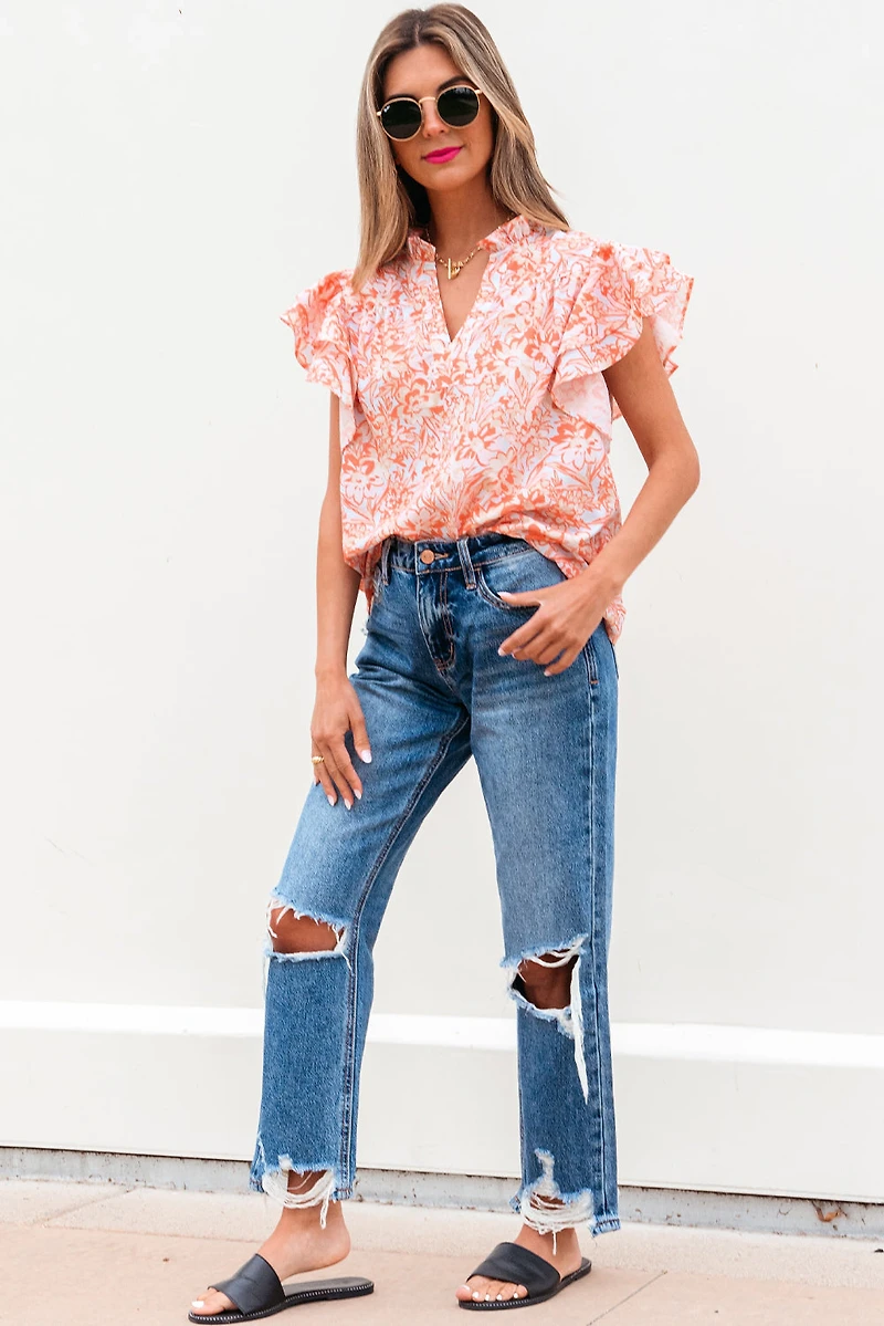 Threaded Pear Women's Nancy Floral Ruffle Sleeve Split Neck Blouse