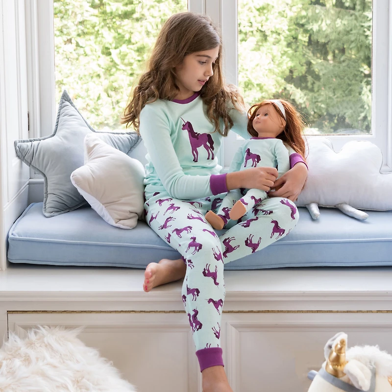 Leveret Girl & Doll Matching Cotton Unicorn Rainbow Pajama Set