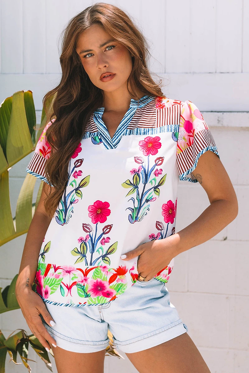 Threaded Pear Women's Maya Floral Striped Split Neck Blouse