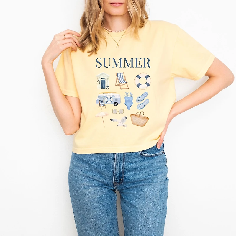 Simply Sage Market - Summer Blue Collage Women's Boxy Crop Top Graphic T-Shirt
