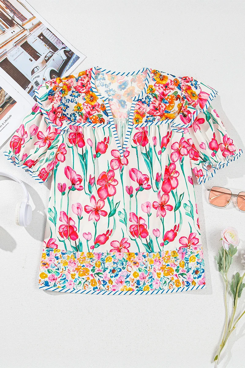 Threaded Pear Women's Greta Floral Split Neck Short Sleeve Blouse