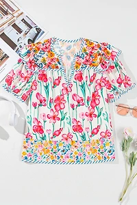 Threaded Pear Women's Greta Floral Split Neck Short Sleeve Blouse