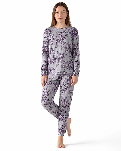 MeMoi Women's 2 Piece Purple Blossom Long Sleeve and Tapered Pant Pajama Set