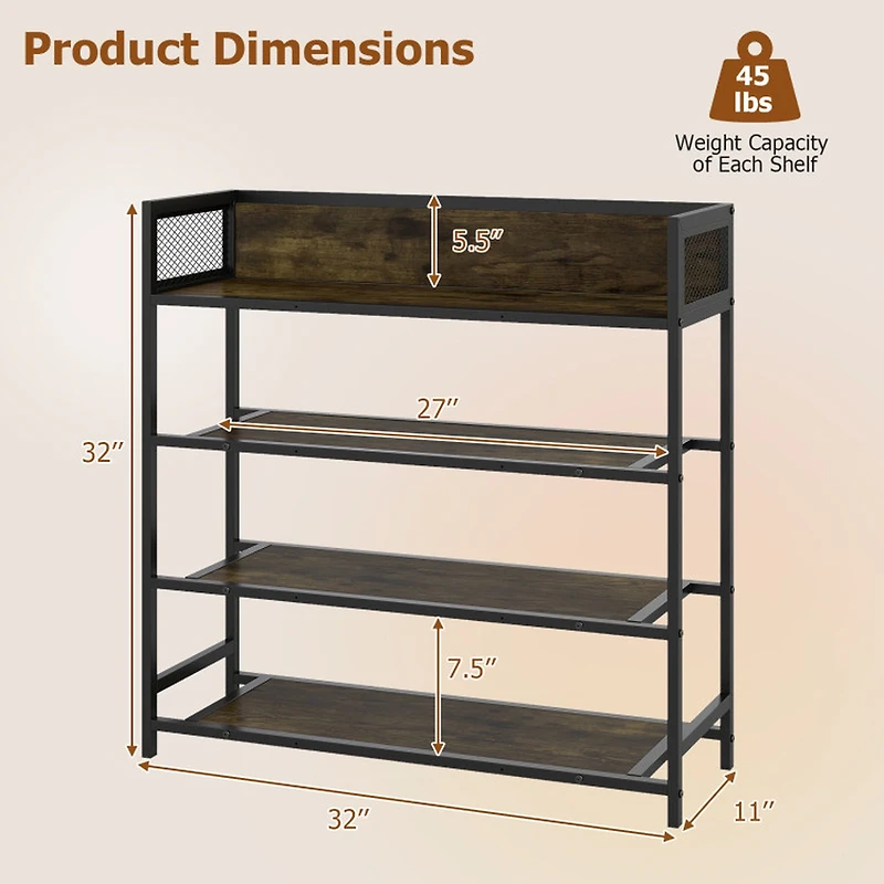 SUGIFT 4-Tier Rustic Brown Industrial Shoe Rack with Metal Frame and Guardrails 32-in W 11-in D 45-lb Per Shelf