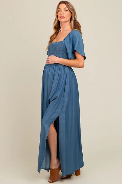 PinkBlush Womens Blue Chambray Smocked Maternity Maxi Dress