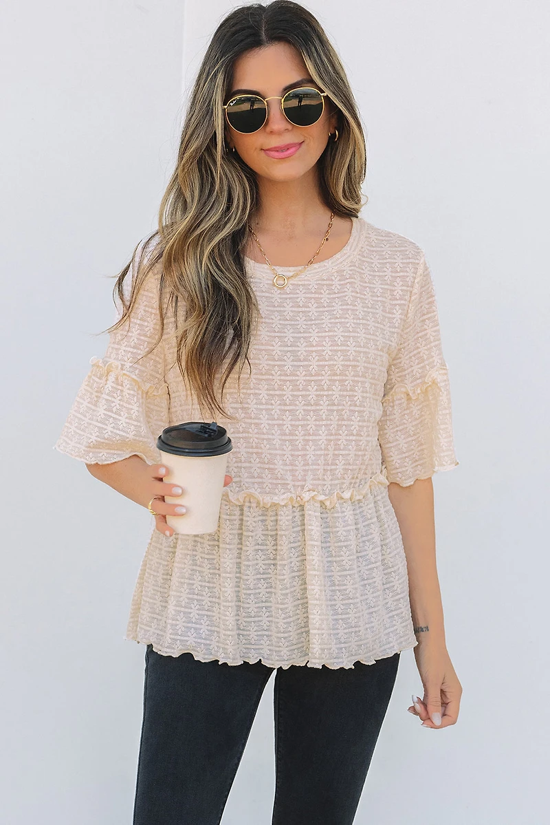 Threaded Pear Women's Oaklyn Textured Ruffled Short Sleeve Blouse