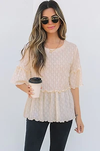 Threaded Pear Women's Oaklyn Textured Ruffled Short Sleeve Blouse