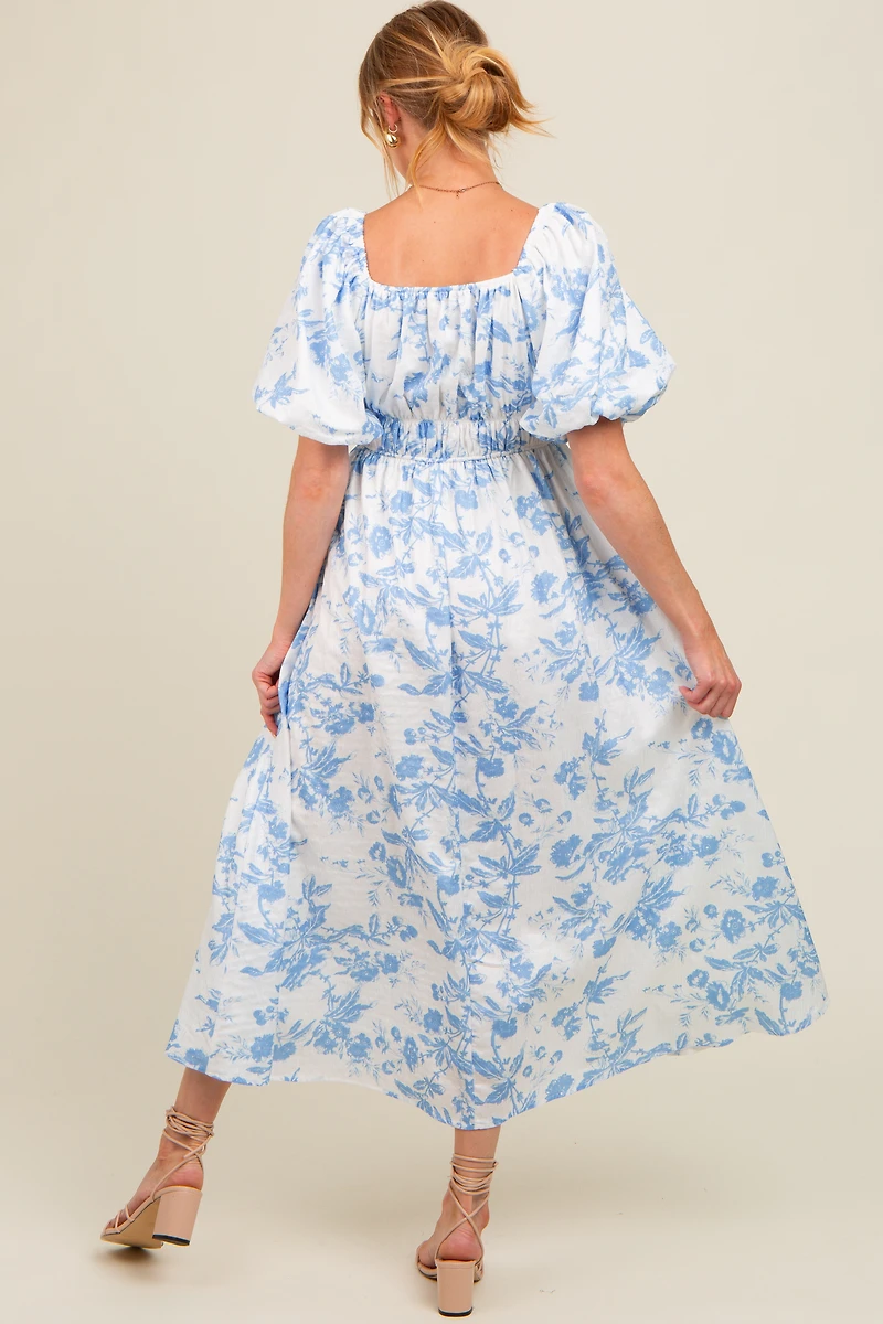 PinkBlush Womens Blue Floral Puff Sleeve Maternity Midi Dress