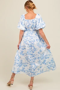 PinkBlush Womens Blue Floral Puff Sleeve Maternity Midi Dress