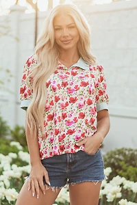 Threaded Pear Women's Romy Floral Striped Patchwork Collared Short Sleeve Blouse