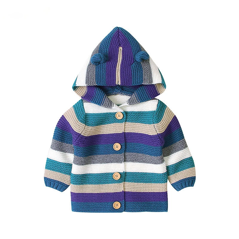 MyKids-USA Baby Striped Button-Front Knitted Cardigan with Matching Hat