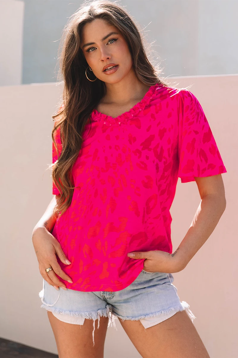 Threaded Pear Women's Laurel Leopard Frilly V Neck Short Sleeve Blouse