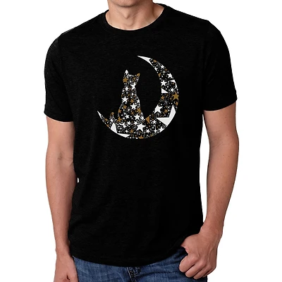 LA Pop Art Men's Cotton-Poly Blend T-Shirt - Cat on Moon Graphic