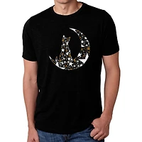 LA Pop Art Men's Cotton-Poly Blend T-Shirt - Cat on Moon Graphic