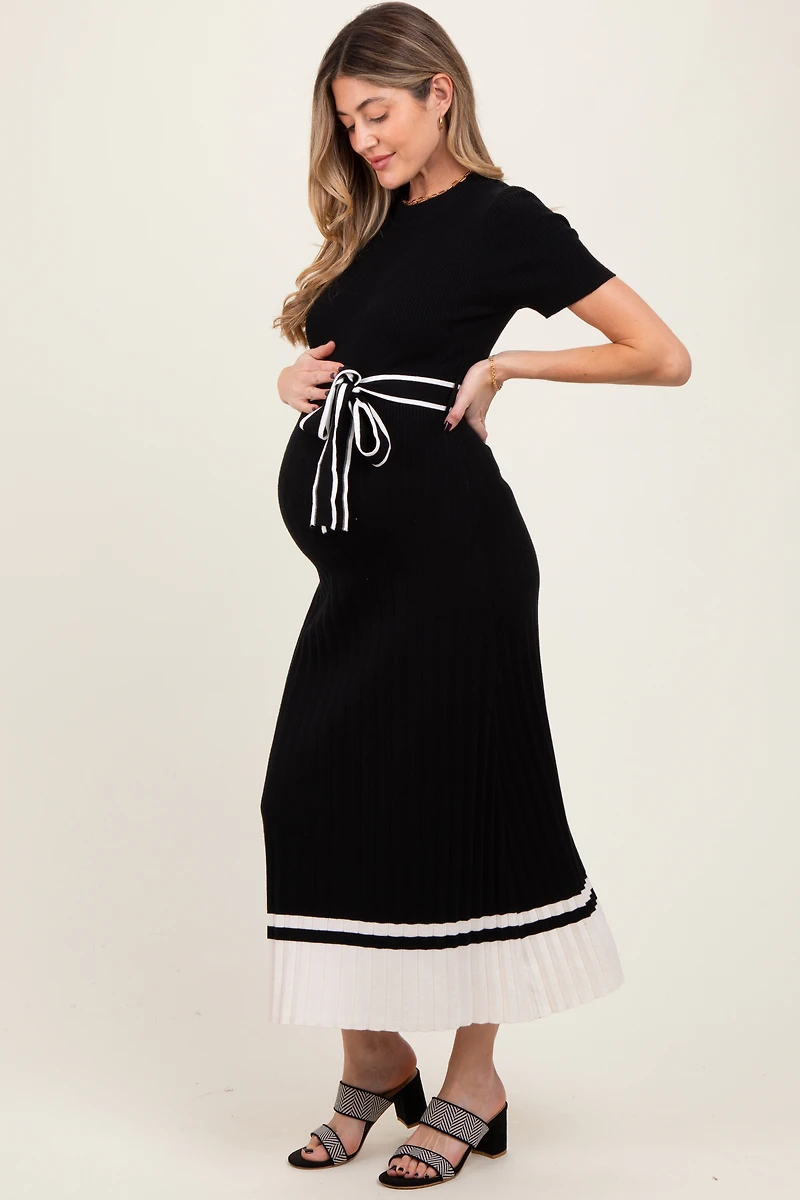 PinkBlush Womens Black Ribbed Knit Pleated Maternity Midi Dress