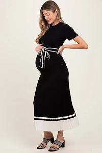 PinkBlush Womens Black Ribbed Knit Pleated Maternity Midi Dress