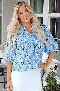 Threaded Pear Women's Kinley Floral Shirred Yoke Split Neck Blouse