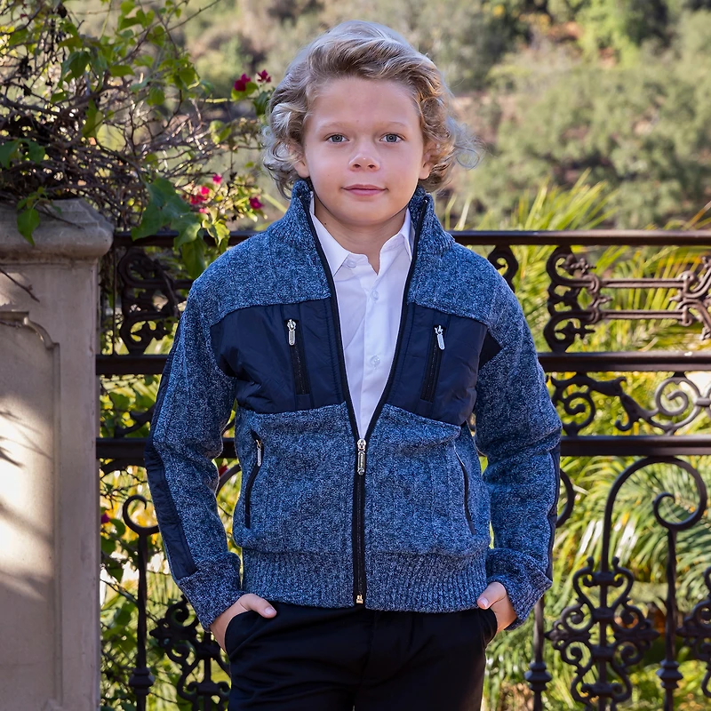 Gioberti Boy's Full Zip Cardigan Patch Design Sweater with Brushed Flannel Lining