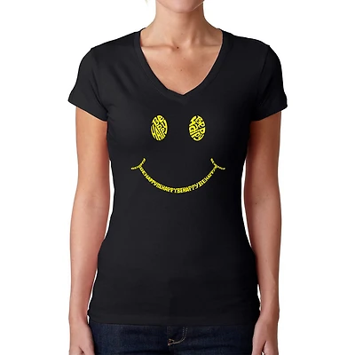 LA Pop Art Womens Word V-Neck T-Shirt - Be Happy Smiley Face