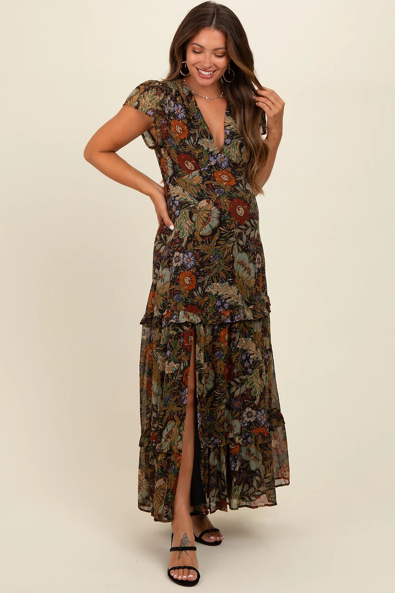 PinkBlush Womens Black Floral Deep V-Neck Tiered Maternity Maxi Dress