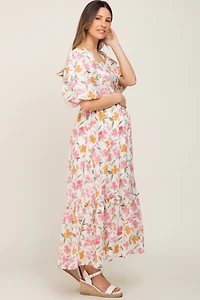 PinkBlush Womens White Floral Puff Sleeve Maternity Maxi Dress