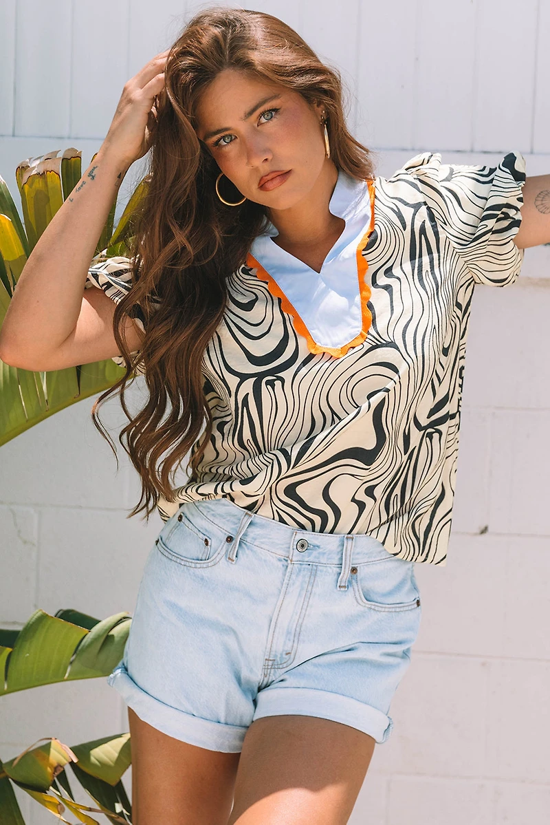 Threaded Pear Women's Delilah Zebra Stripe V-Neck Short Sleeve Blouse