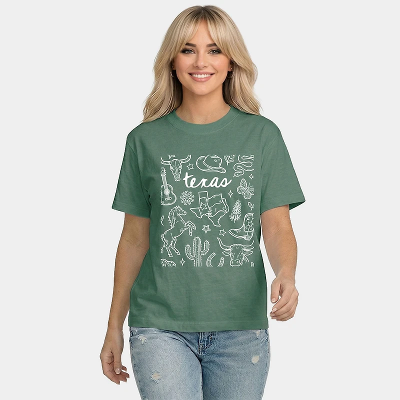 Simply Sage Market - Texas Sketched Collage Women's Relaxed Boxy Tee