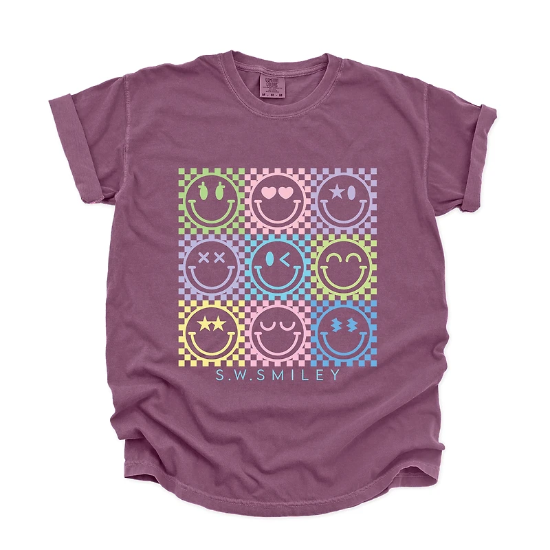 Simply Sage Market - S.W.Smiley Checkered Neon Women's Garment Dyed Graphic T-Shirt