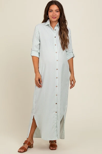 PinkBlush Womens Light Olive Striped Button Down Maternity Maxi Dress