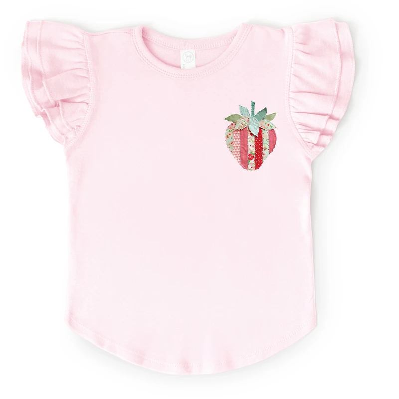The Juniper Shop Girl's - Strawberry Faux Patchwork Flutter Sleeve Graphic T-Shirt