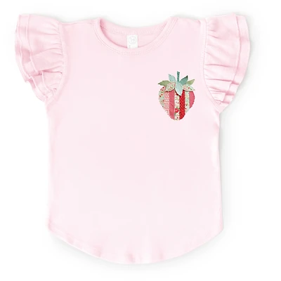 The Juniper Shop Girl's - Strawberry Faux Patchwork Flutter Sleeve Graphic T-Shirt