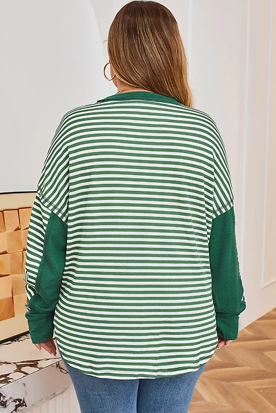 Threaded Pear Women's Green Stripe Exposed Seam Patchwork Plus Thermal Top