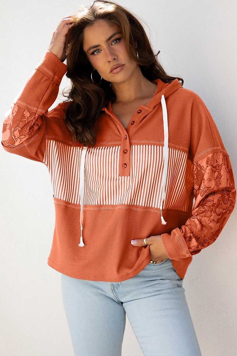 Threaded Pear Women's Taytum Patchwork Drawstring Hooded Long Sleeve Top
