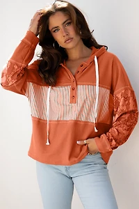 Threaded Pear Women's Taytum Patchwork Drawstring Hooded Long Sleeve Top