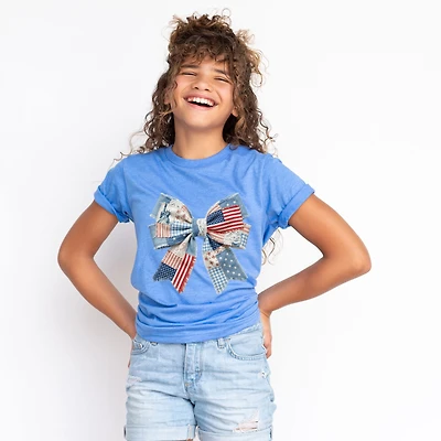 Patriotic Bow Faux Denim Patchwork - Youth Short Sleeve Graphic T-Shirt