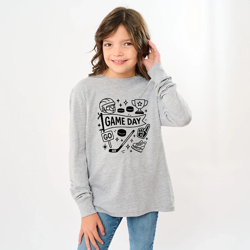 The Juniper Shop - Youth Long Sleeve Graphic T-Shirt Hockey Game Day Doodles
