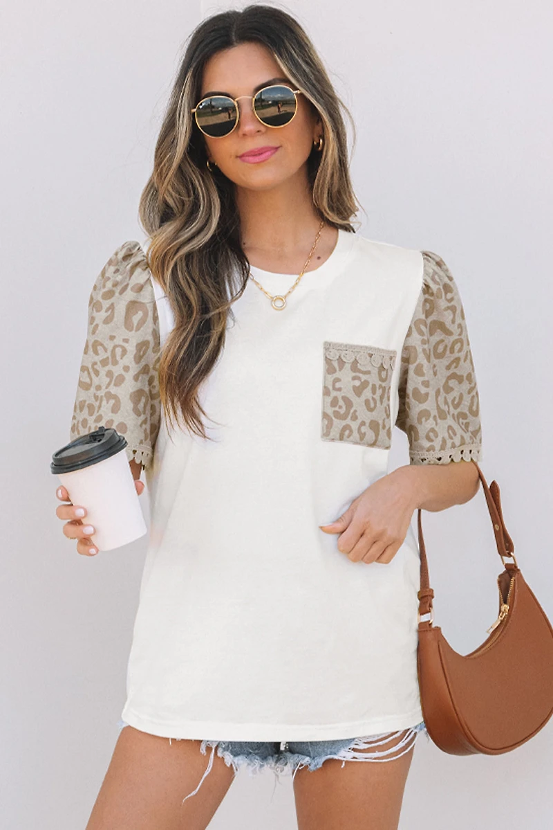 Threaded Pear Women's Leona Leopard Lace Trim Puff Sleeve Top