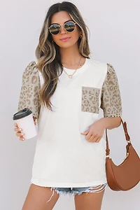 Threaded Pear Women's Leona Leopard Lace Trim Puff Sleeve Top