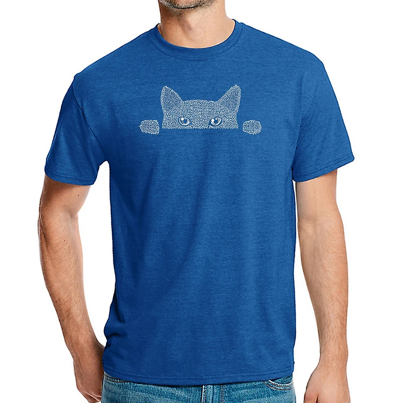 LA Pop Art Men's Cotton/Poly Blend Word Art T-Shirt - Peeking Cat