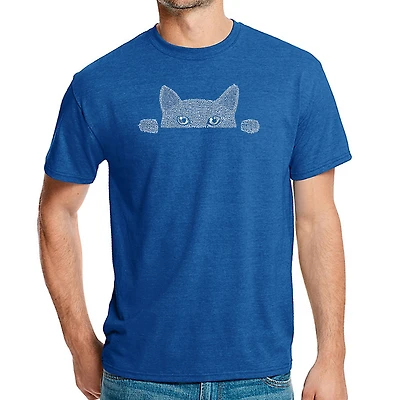 LA Pop Art Men's Cotton/Poly Blend Word Art T-Shirt - Peeking Cat