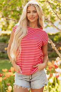 Threaded Pear Women's Sarahi Stripe Ribbed Cap Sleeve Round Neck Top