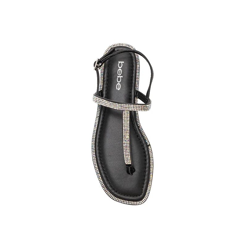 bebe Women’s Rhinestone T-Strap Sandals - Flat Thong with Ankle Strap