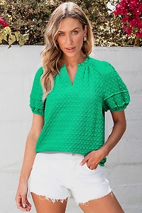 Threaded Pear Women's Kalani Textured Puff Short Sleeve Notched V Neck Top