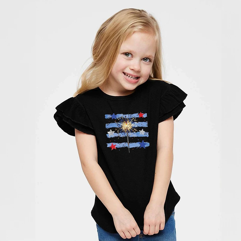 Girl's Flutter Sleeve Graphic T-Shirt - Sparkler Stripes