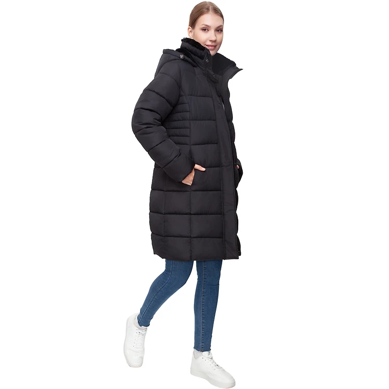 Rokka&Rolla Womens Long Puffer Jacket With Fleece-lined Hood