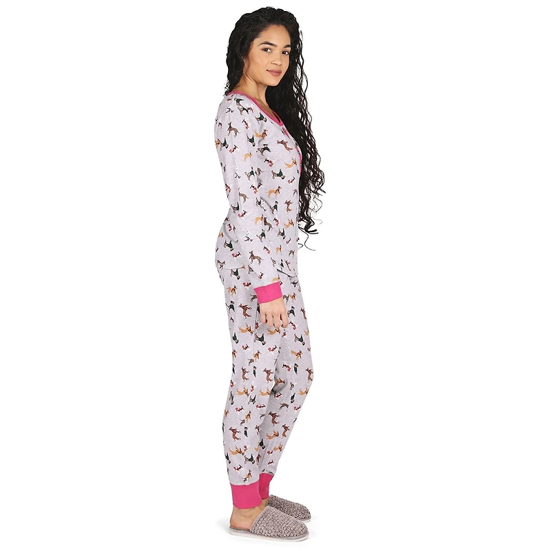 MeMoi Women's Henley Cotton-Rich Pajama Set with Dog Print