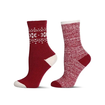 MeMoi 2 Pair Women's Buttersoft Crew Socks - Snowflake and Marled Patterns